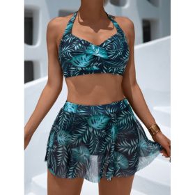 Women's Tropical Leaf 3-Piece Swimsuit, Halter Twist Front Bikini Top & Mesh Skirt Bottom, Modest Tankini Set (Option: L)