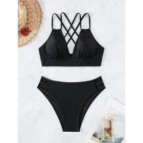 Women's Black Double Strap Bikini Set, Plunge V-Neck Top & High Waist Side Cutout Bottom, 2 Piece Swimsuit (Option: S)